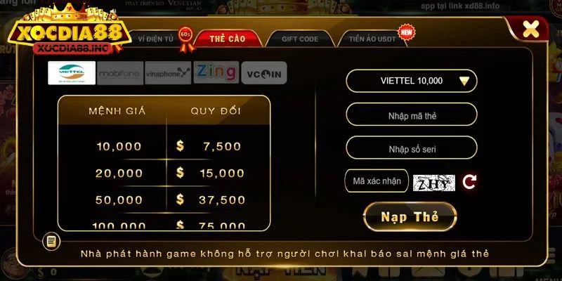 Bạn có thể chọn nạp tiền qua thẻ cào