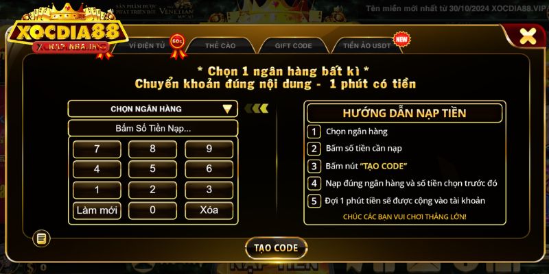 Nạp tiền Xocdia88 qua chuyển khoản ngân hàng đơn giản